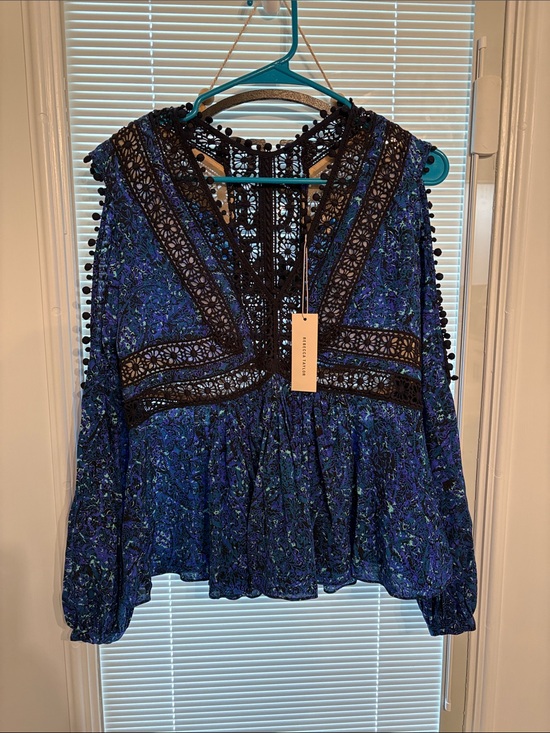 Rebecca Taylor Tops - NWT Rebecca Taylor Blue Floral Printed Black Crochet Lace-Pom PomTrim 100% Silk